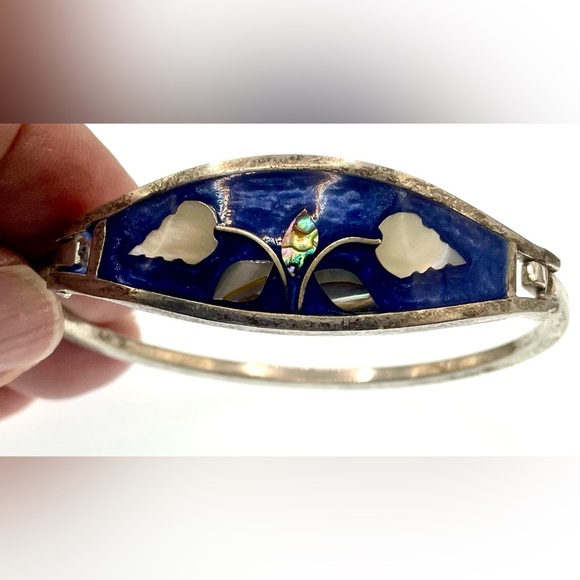 Vintage Signed Alpaca Mexico Silver Blue Enamel Inlaid Abalone MOP Bracelet - Picture 6 of 8